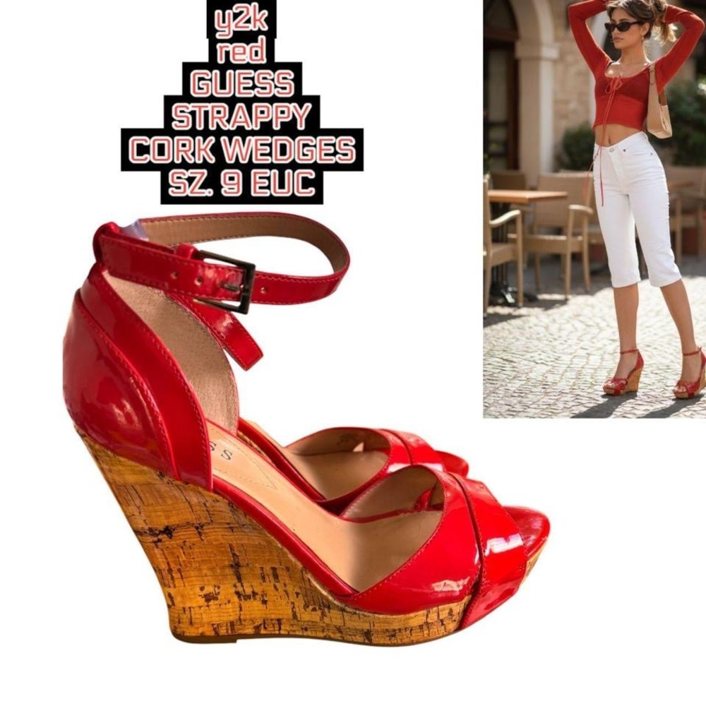 Vintage Y2K Guess Red Patent Leather Cork Wedges ❤️🍒